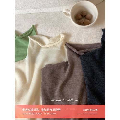 susu超细100%精纺羊毛 超薄打底叠穿堆堆领半高领打底衫薄针织衫