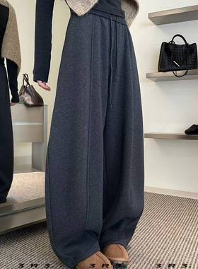 加绒阔腿裤女2025冬新款韩版松紧腰加厚弯刀裤休闲卫裤长裤66365