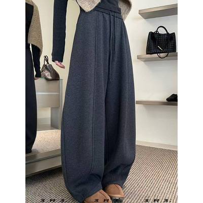 加绒阔腿裤女2025冬新款韩版松紧腰加厚弯刀裤休闲卫裤长裤66365