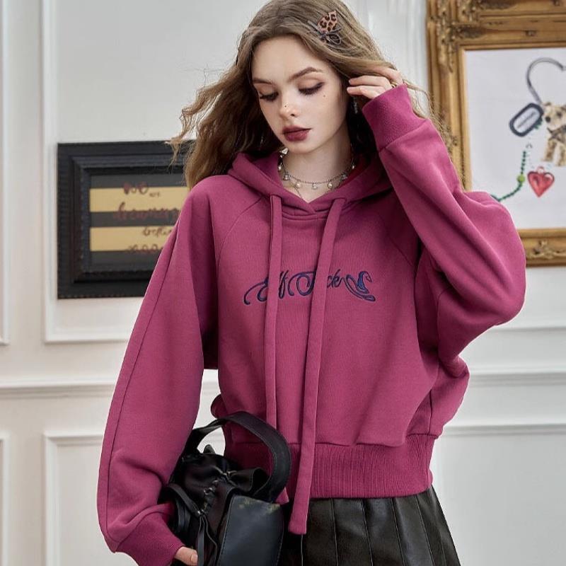 妖精粉色加绒加厚连帽卫衣外套女2025秋冬季新款小个子美短款上衣