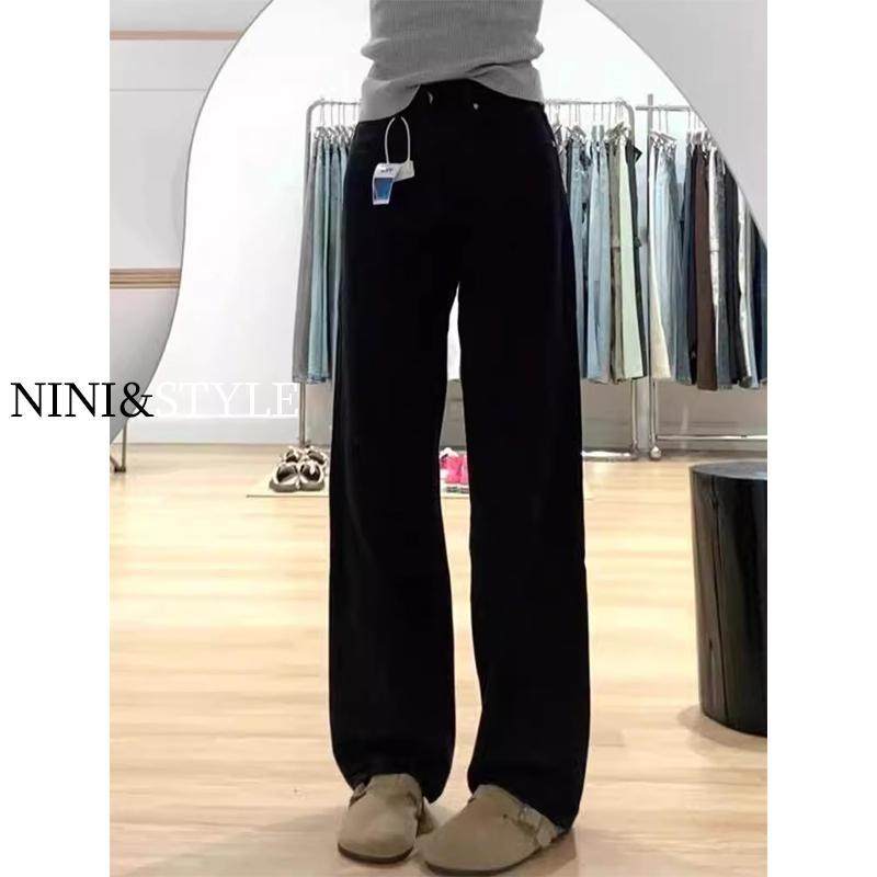 黑色窄版阔腿牛仔裤女小个子春秋2025年新款高腰宽松直筒裤子夏季