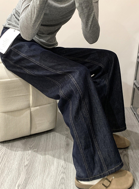 深蓝色阔腿牛仔裤女秋冬加绒加厚大码胖mm梨型身材宽松显瘦直筒裤