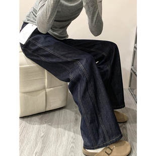 胖mm梨型身材宽松显瘦直筒裤 深蓝色阔腿牛仔裤 女秋冬加绒加厚大码