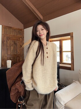 温柔风燕麦白软糯长袖针织衫女装秋冬季休闲打底毛衣小众灰色上衣