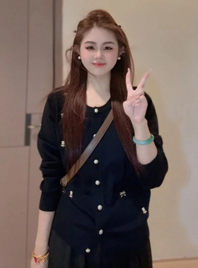 大码蝴蝶结黑色毛衣针织衫女秋装2025新款胖mm显瘦遮肉打底衫上衣