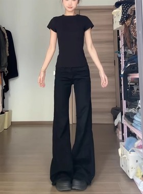 180高个子175加长黑色加绒微喇叭牛仔裤女辣妹低腰修身显瘦喇叭裤