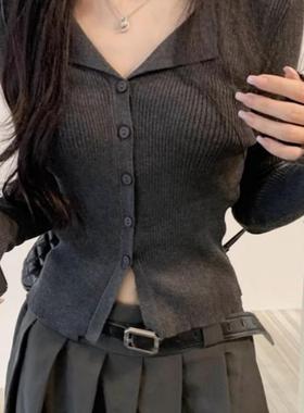 灰色POLO领复古通勤风长袖开衫女款修身设计感毛衣