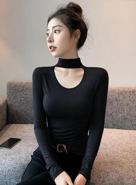黑色半高领打底衫女高级感内搭2025新款长袖t恤修身镂空秋冬上衣