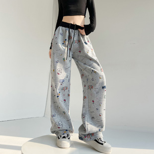 慵懒宽松休闲裤 抽绳松紧腰弯刀裤 女2025春夏新款 卡通手绘涂鸦卫裤