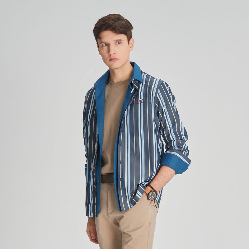 伦德保罗竖条纹刺绣衬衫撞色复古