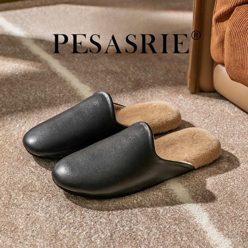 PESASRIE/柏萨尼 高档羊皮毛绒拖鞋男女居家室内家用真皮保暖棉拖