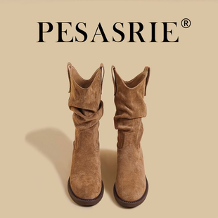 PESASRIE/柏萨尼高档马丁靴2025年新款时尚中筒美拉德复古堆堆靴