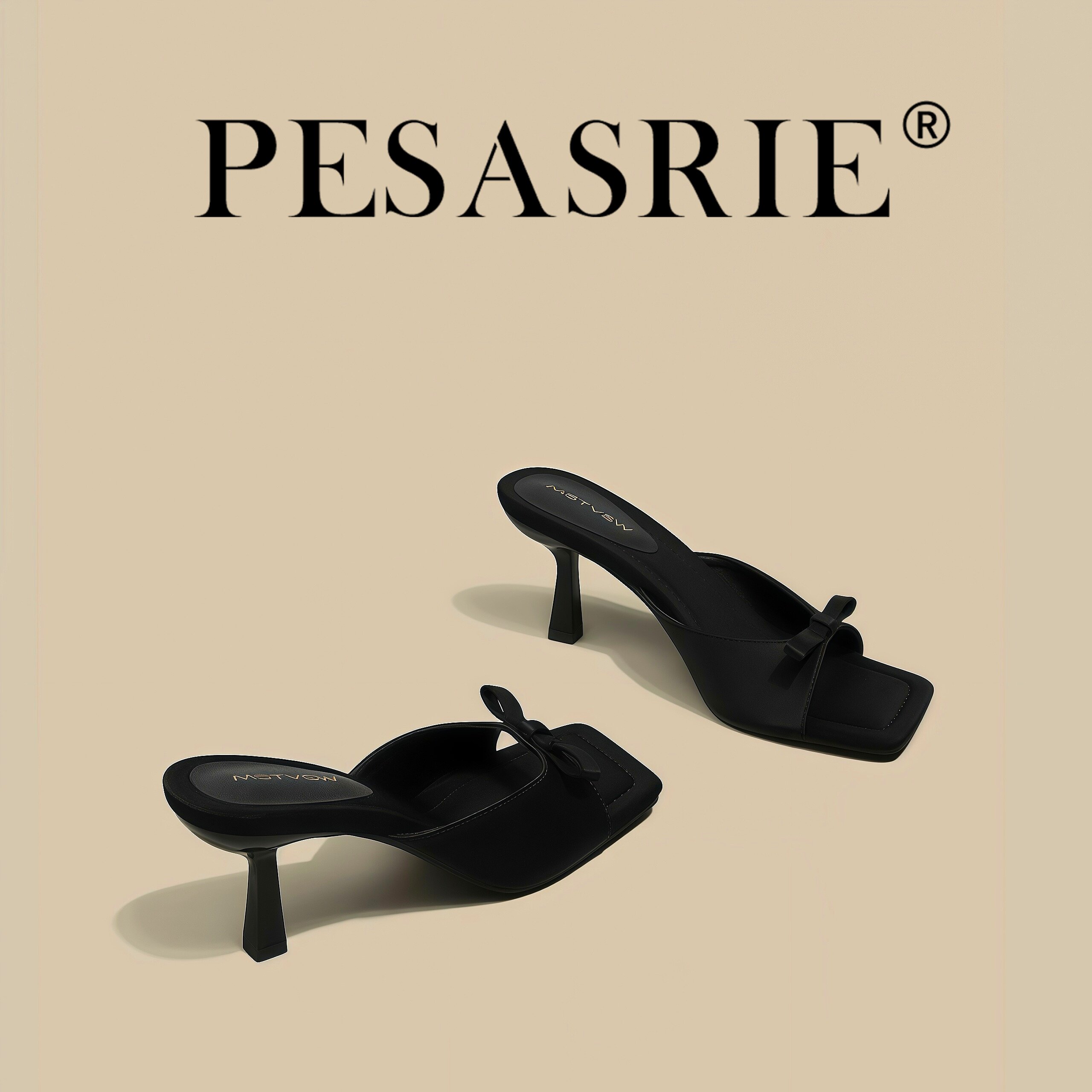 PESASRIE/柏萨尼高档轻奢凉鞋2026年新款法式蝴蝶结黑色高跟凉鞋