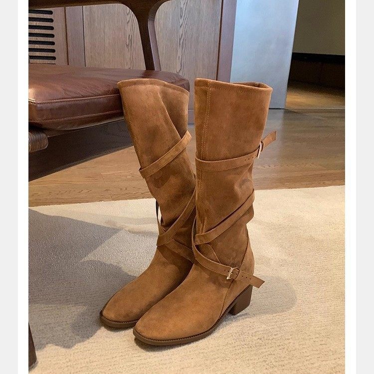 葡萄妈同款 增高7cm~ 大长腿尖圆头交叉带粗高跟骑士靴中筒长靴女,女鞋,骑士靴,淘宝优惠券,粉丝福利购,淘宝优惠卷