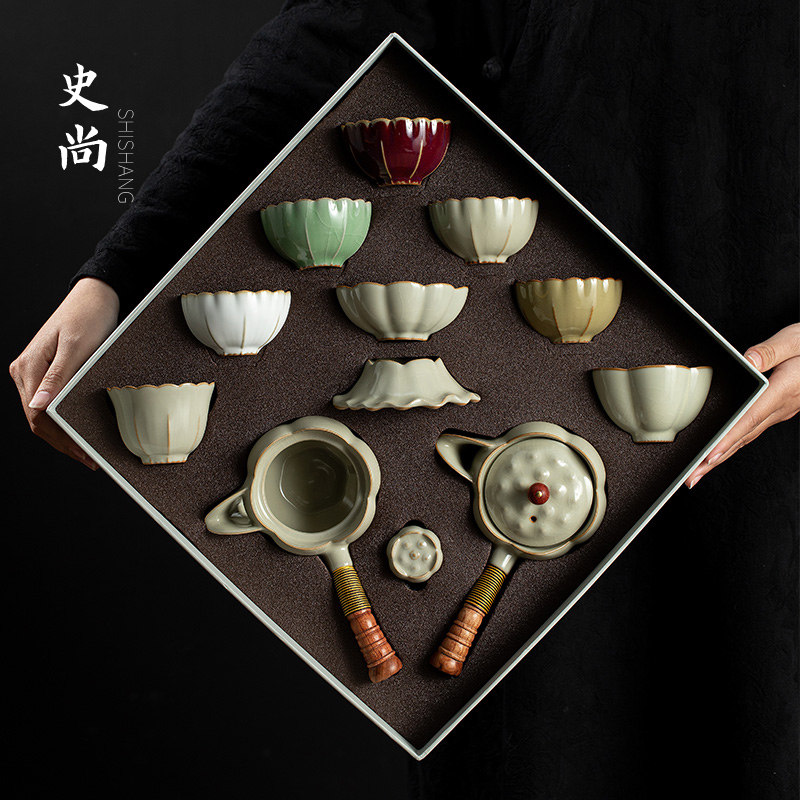 景德镇汝窑茶具套组冰裂开片2026新款陶瓷侧把泡茶壶茶杯子礼盒装