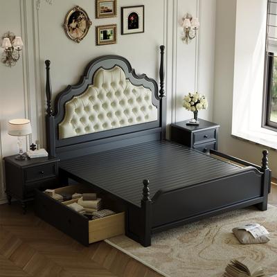 法式覆古实木床黑色轻奢真皮床主卧1米5安娜床中古风带软靠收纳床