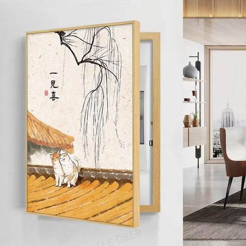 新中式电表箱装饰画 画平安如意猫咪挂画 画配电箱电表箱总开 关