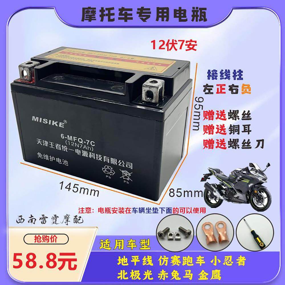 适用地平线仿赛摩托车电瓶小忍者免维护蓄电池12V7A干电瓶