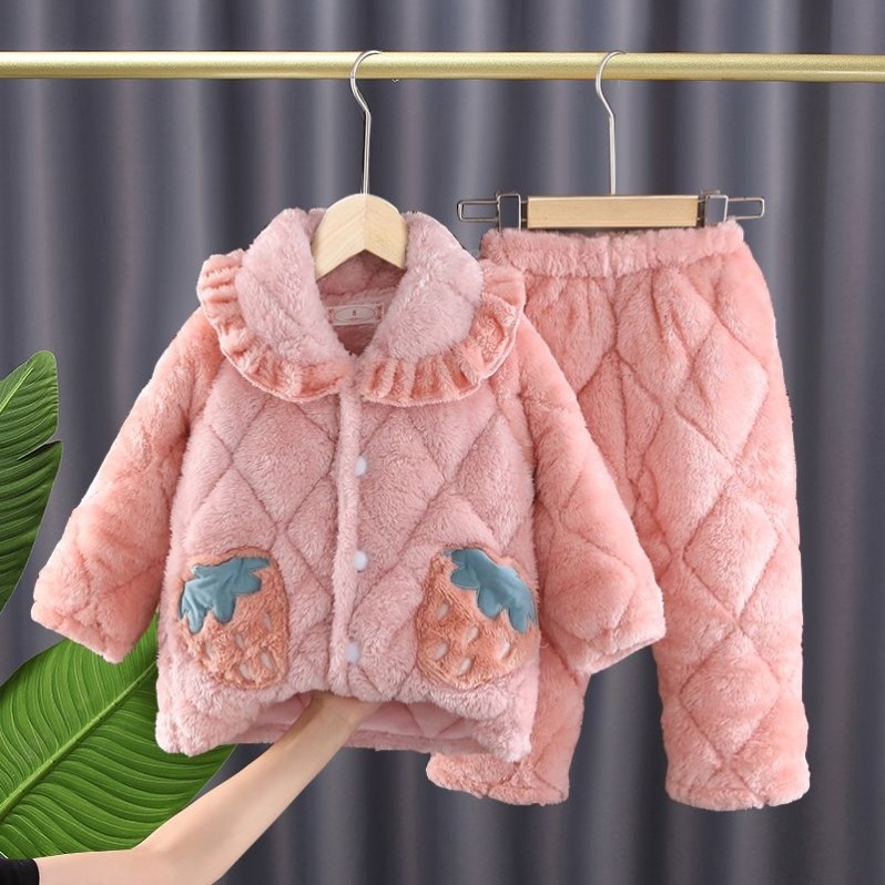儿童法兰绒睡衣冬季三层夹棉加厚家居服套装小孩子女童珊瑚绒保暖