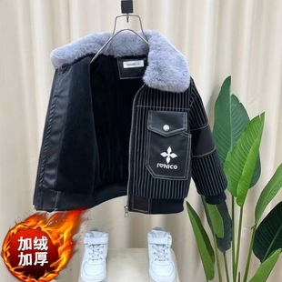 男童秋冬装 网红洋气宝宝儿童加厚保暖皮衣夹克潮 加绒外套2025新款