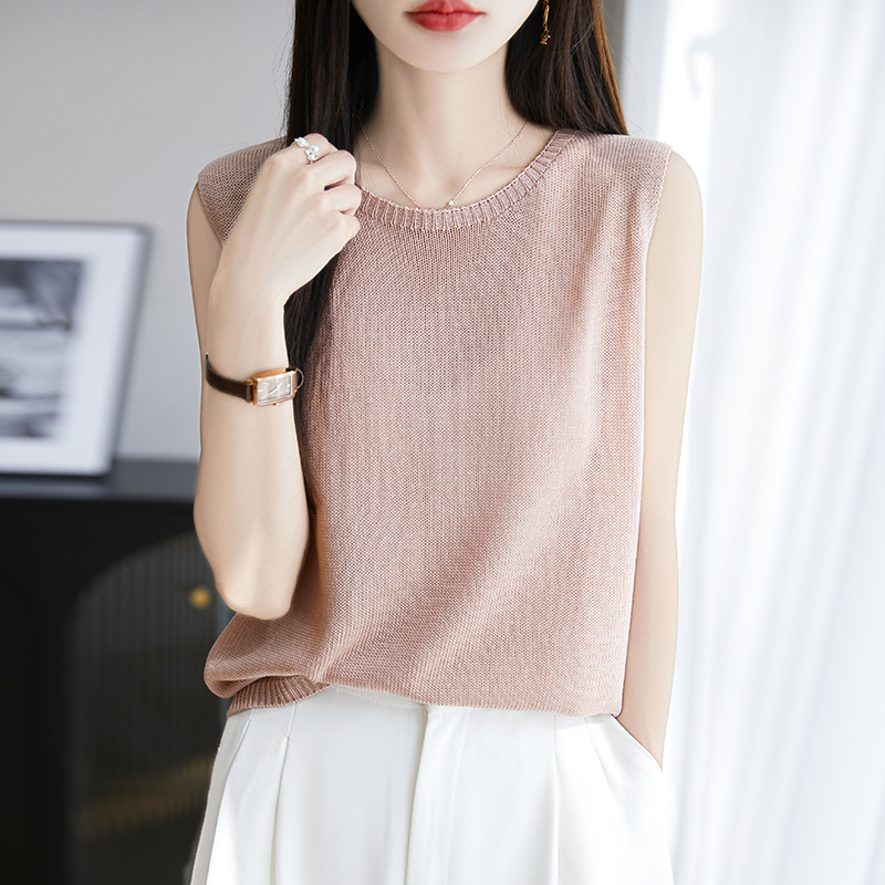 夏季新款圆领针织吊带背心女薄款亚麻外穿无袖上衣显白衬肤色T恤