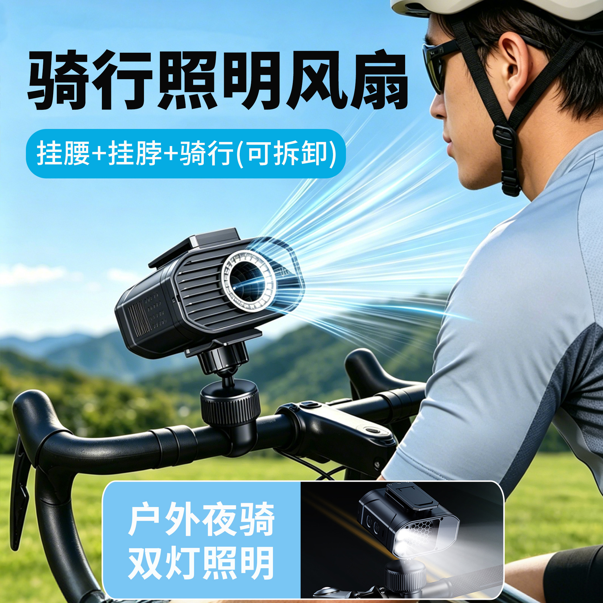 户外骑行小型风扇带夜灯把手usb充电款山地自行车电动三轮摩托专用儿童单车电瓶大风力超长续航外卖2026新款