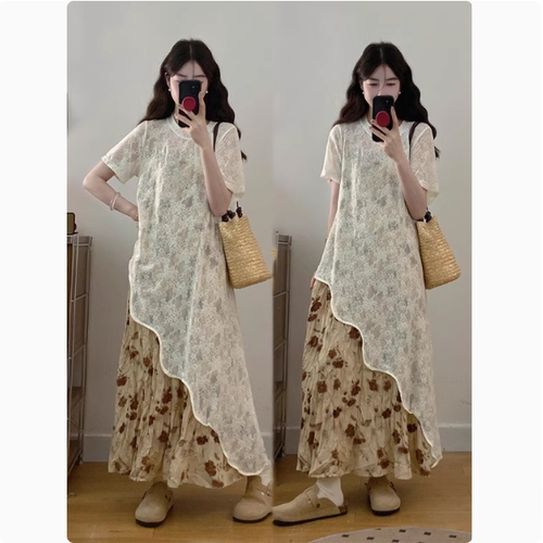 大码度假风夏季白色蕾丝罩衫绝美碎花连衣裙女叠穿吊带裙子两件套