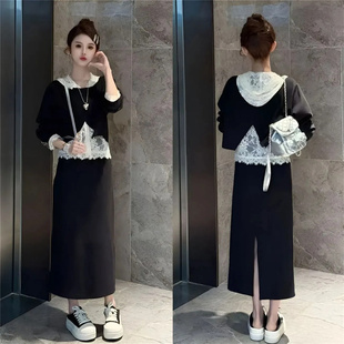 卫衣时尚 蕾丝连帽背心开叉罩衫 慵懒半身裙三件套潮 女套装 2025秋季