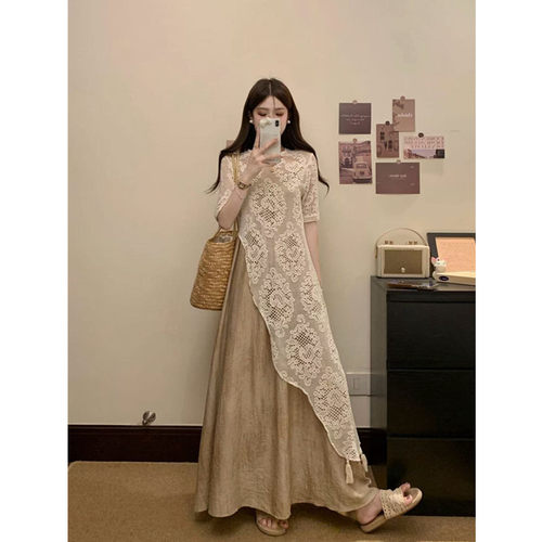 夏季新款大码胖mm森系日系叠穿单件蕾丝罩衫裙遮肚藏肉套装裙夏装