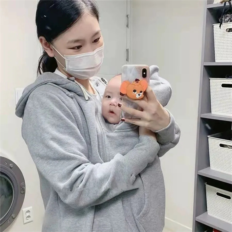 特大码袋鼠母子连体衣秋冬抱婴儿妈妈哺乳衣秋冬季加绒加厚外套潮