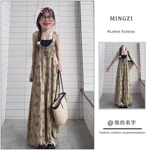 时尚套装女夏慵懒风V领背带裤宽松阔腿连体裤内搭吊带背心两件套