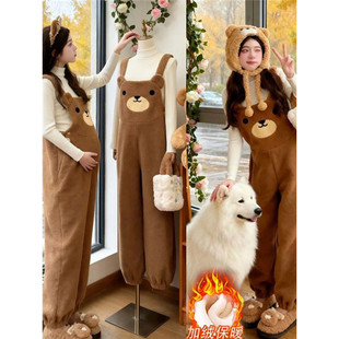 可爱小熊羊羔毛背带裤女冬季新款韩版气质减龄孕妇加绒加厚连体裤