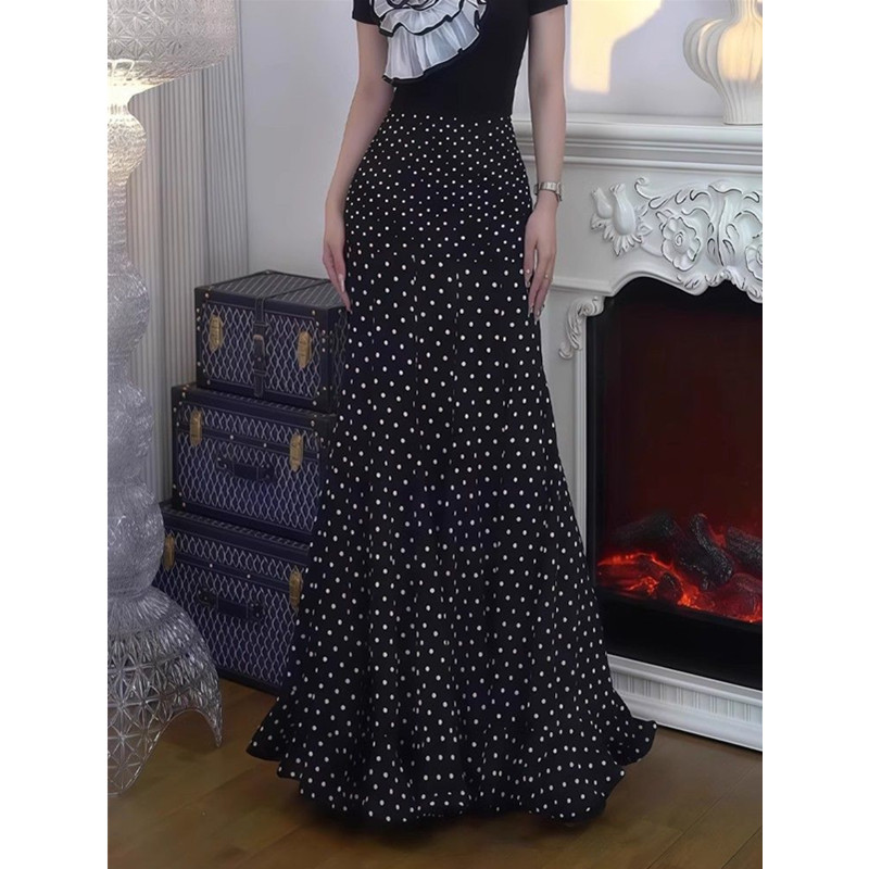 黑色波点半身裙女夏季新款韩系时尚高腰气质长裙设计感显瘦A字裙