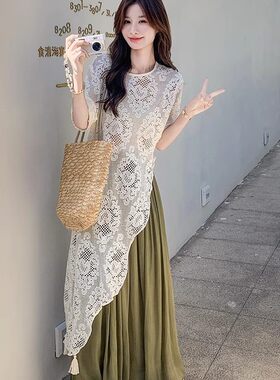 时尚不规则短袖蕾丝衫女夏季新款