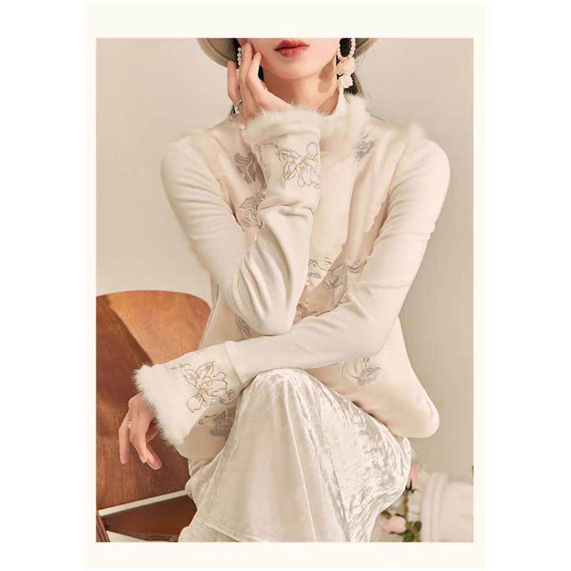 德绒~新中式国风刺绣上衣女秋冬新款加厚磨毛打底衫半高领长袖T恤