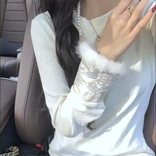 加厚磨毛漂亮T恤小衫 中式 女秋冬新款 打底衫 国风刺绣上衣提花长袖