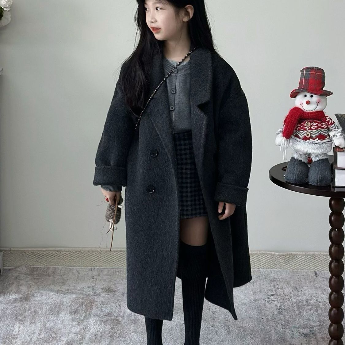 韩版女童2025秋冬新款深灰色气质翻领呢大衣儿童高级感双排扣外套