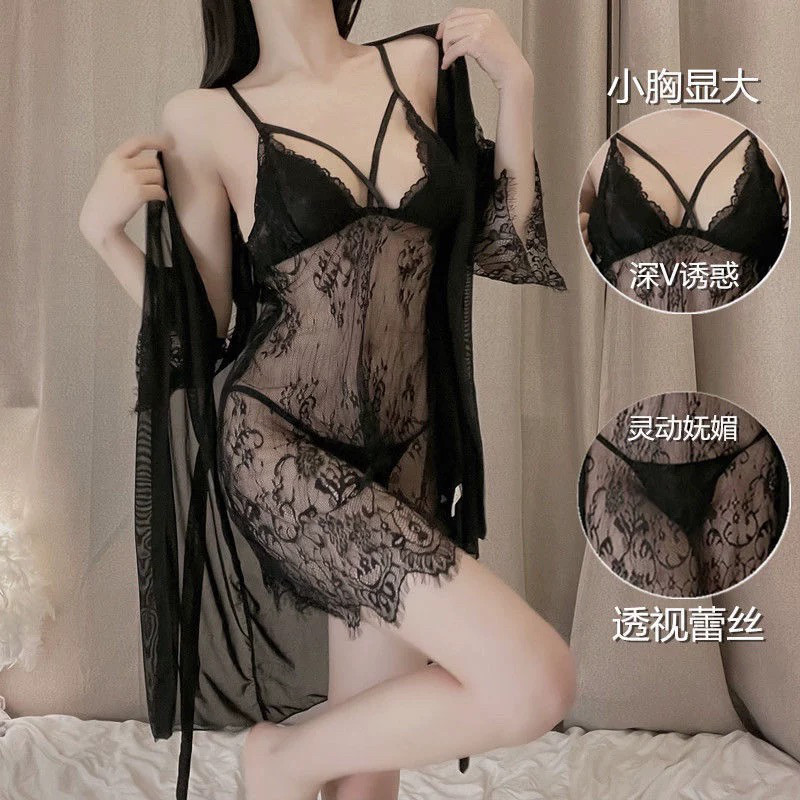 维多利亚新款性感蕾丝睡衣透明网纱胸垫吊带秘密睡裙三件套家居服