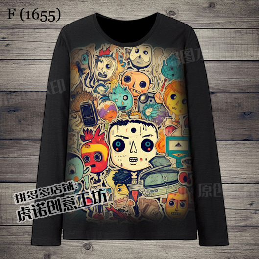 2024恐怖骷髅头3D印花衣服长袖T恤服装学生服潮圆领春秋款上衣