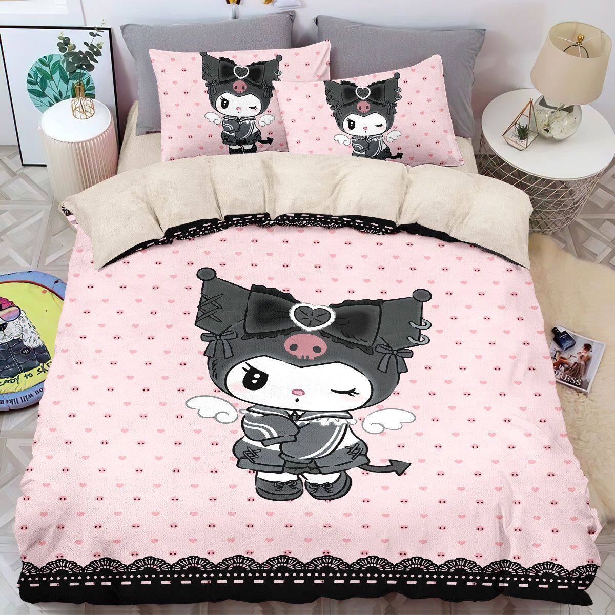 库洛米牛奶绒被套秋冬加绒四件套女生儿童房家居防静电床单床笠