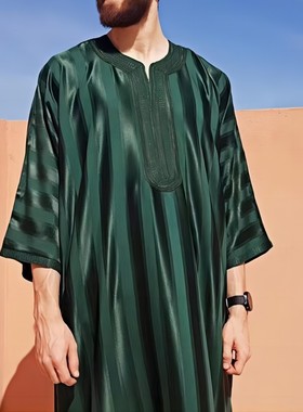 2025Wish亚马逊跨境热销款男士刺绣印度非洲青年墨绿色迪拜长袍男
