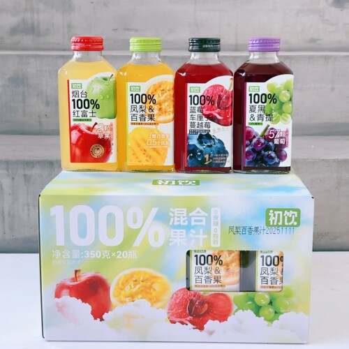 初饮100%混合果汁烟台苹果汁凤梨百香果夏黑青提350g*4瓶饮品
