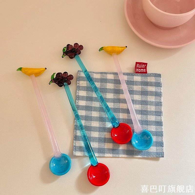 彩色玻璃勺子创意甜品葡萄可爱牛奶搅拌棒蜂蜜香蕉食品水果咖啡