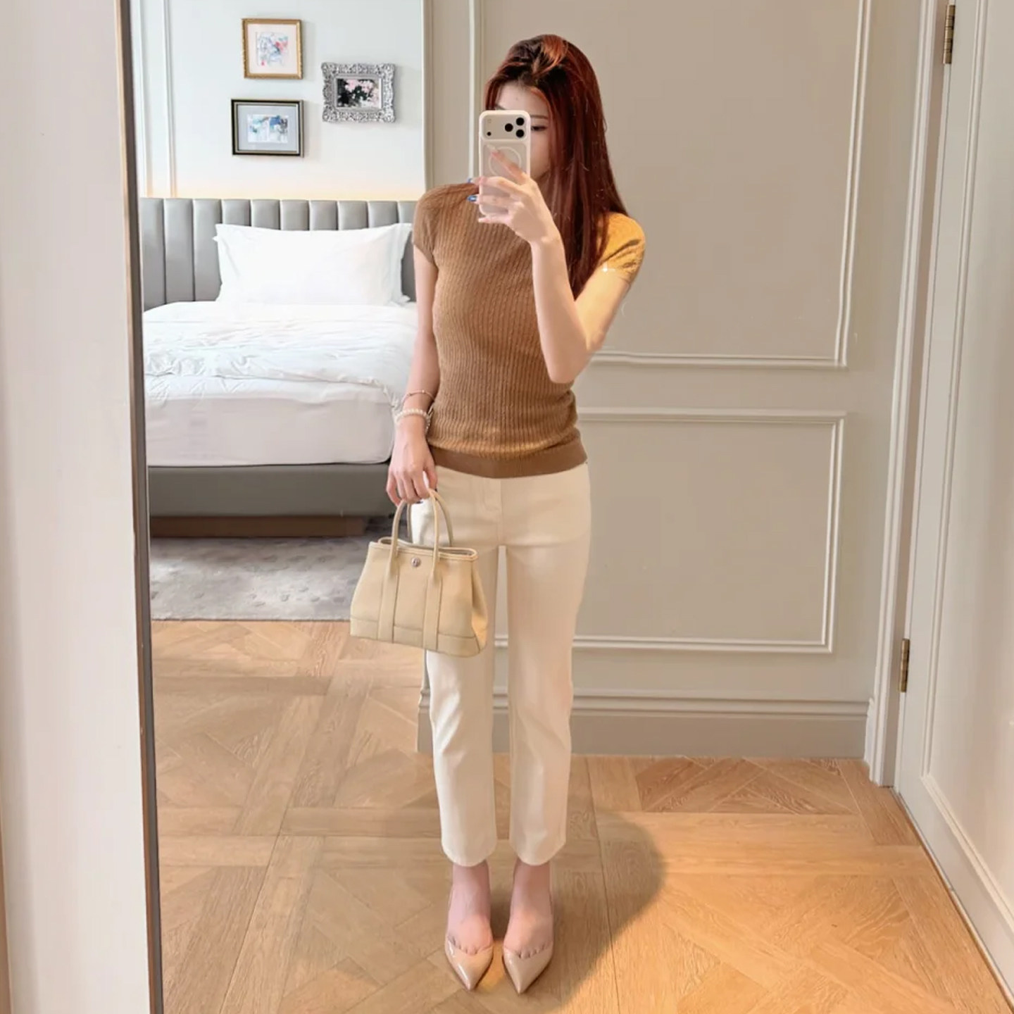 杏色高腰显瘦直筒九分牛仔裤女