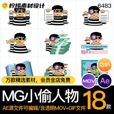 MG动画小偷罪犯盗贼抢匪徒金钱逮捕人物AE源文件透明MOVGIF素材