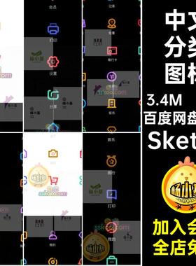 中文APP小线性sketch描边UI界面分类设计图标icon程序Sketch素材P