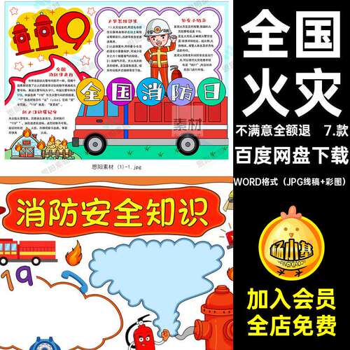预防火灾WORD格式（JPG线稿 彩图）手黑白抄报安全知识消