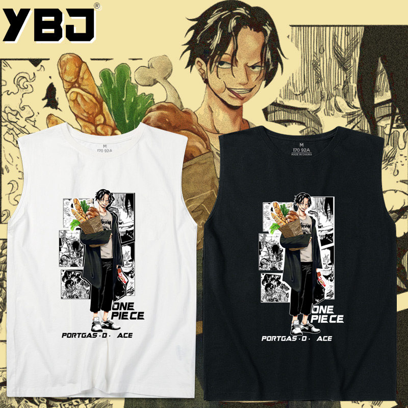 男士t恤短袖纯棉 动漫海贼王周边路飞萨博无袖t恤男潮牌坎肩 港风