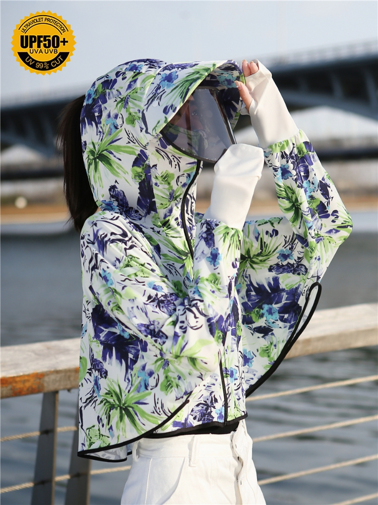 日本2024年新款夏季套装冰丝花色防晒衣女款带帽檐连帽遮脸防晒服