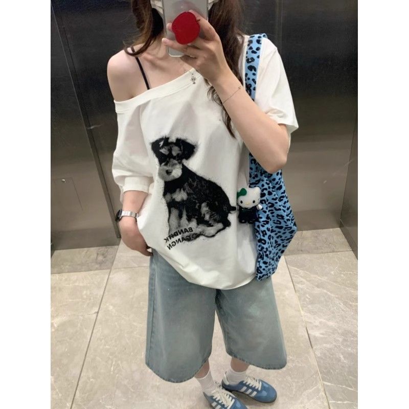 韩系斜肩挂脖露肩小狗印花短袖T恤女夏季新款宽松显瘦百搭上衣ins
